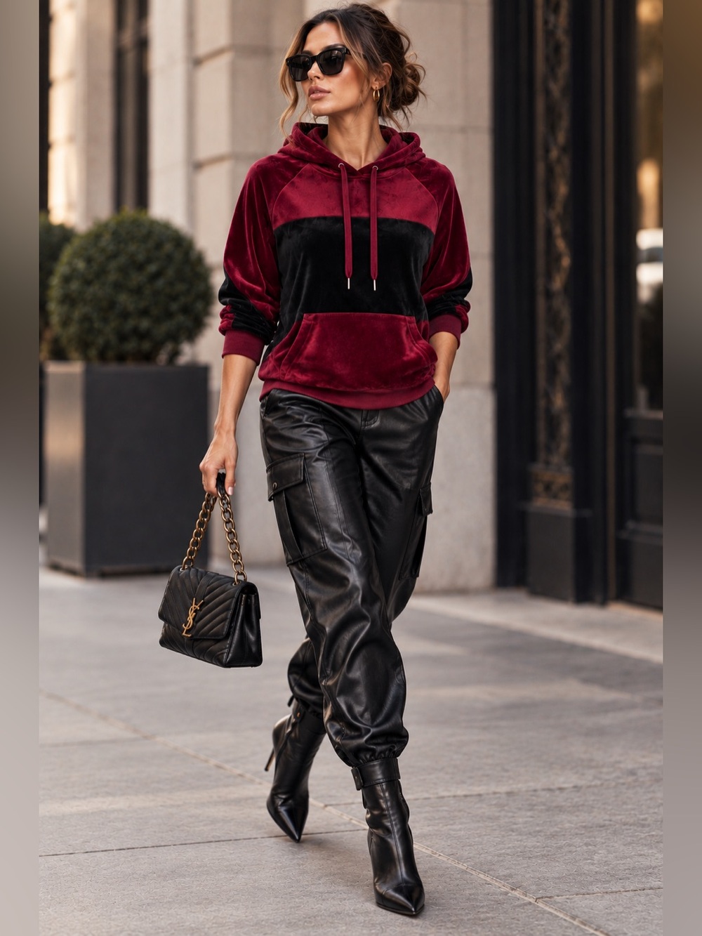 Champion Elite Velour Hoodie Women’s M Burgundy Black Colorblock Pullover Soft